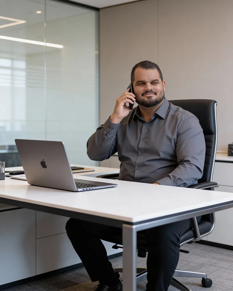Wesley Oliveira no escritório, ao telefone